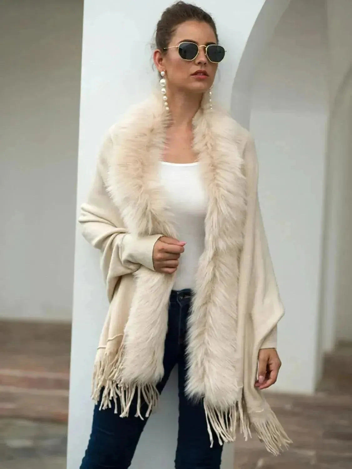 Fringe Open Front Long Sleeve Poncho - Bad Moms Club