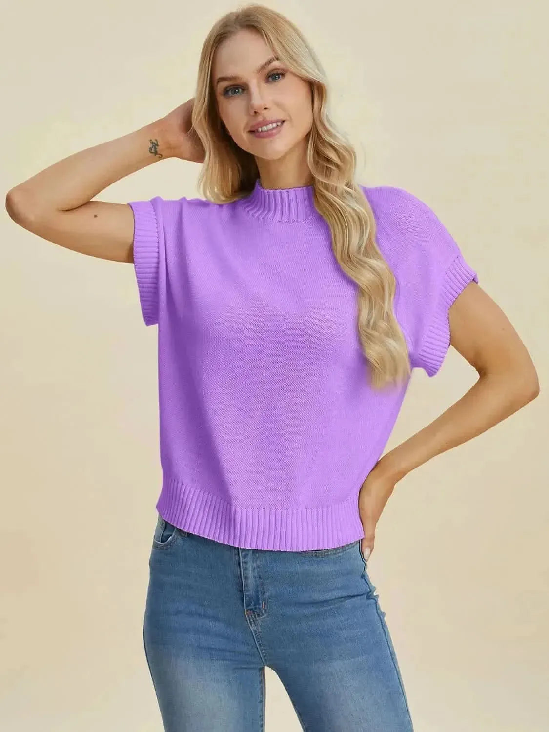 Double Take Full Size Mock Neck Short Sleeve Sweater - Bad Moms Club