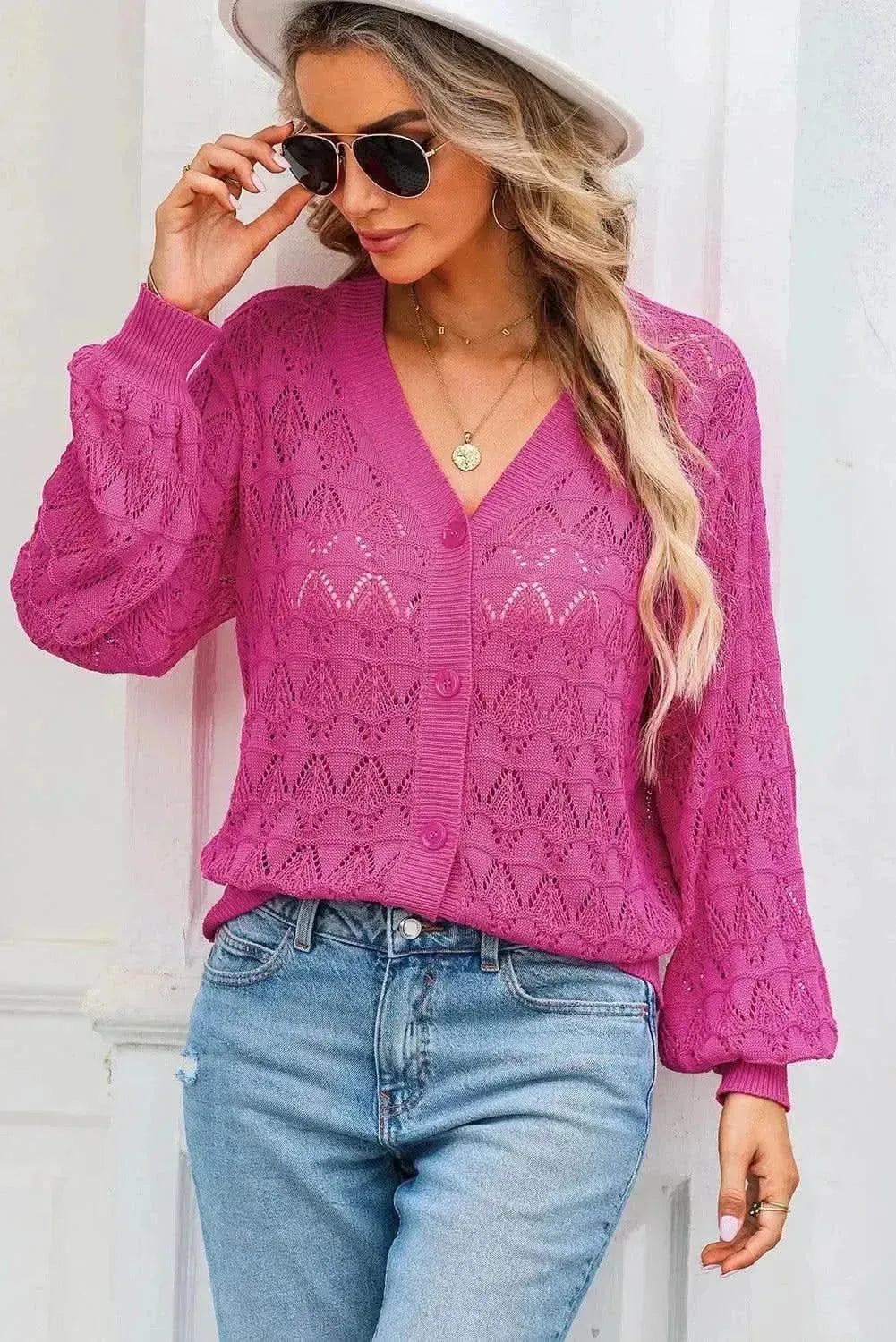 Openwork V-Neck Cardigan - Bad Moms Club