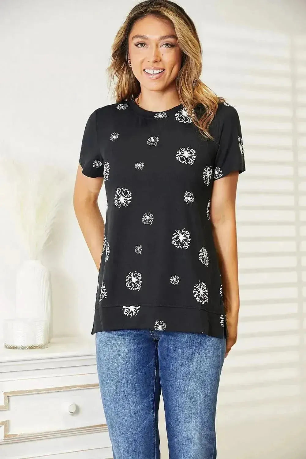 Double Take Dandelion Print Round Neck T-Shirt - Bad Moms Club