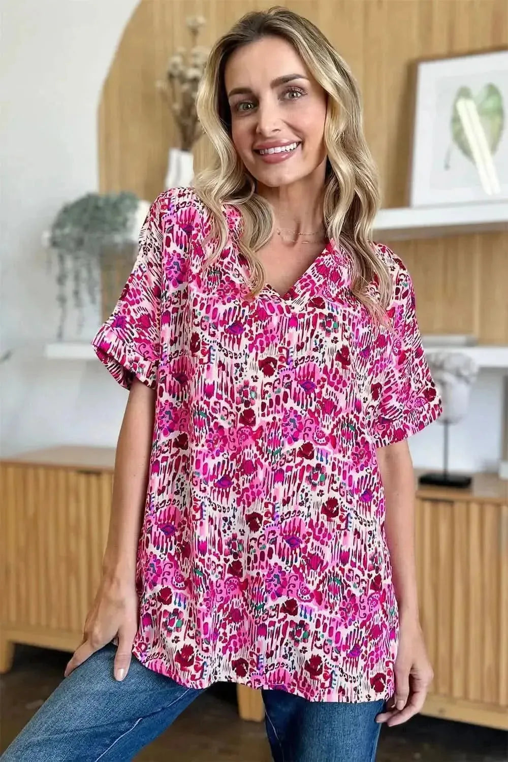 Double Take Full Size Printed V-Neck Short Sleeve Blouse - Bad Moms Club