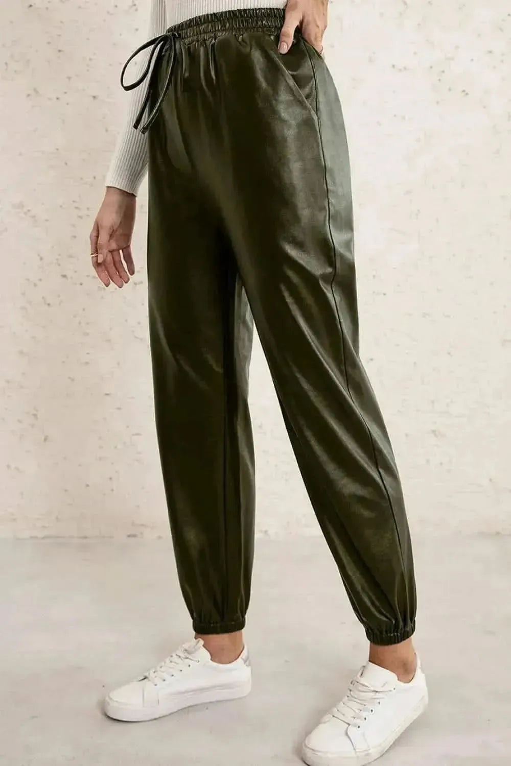 Ivy Lane Elastic Waist PU Leather Joggers - Bad Moms Club