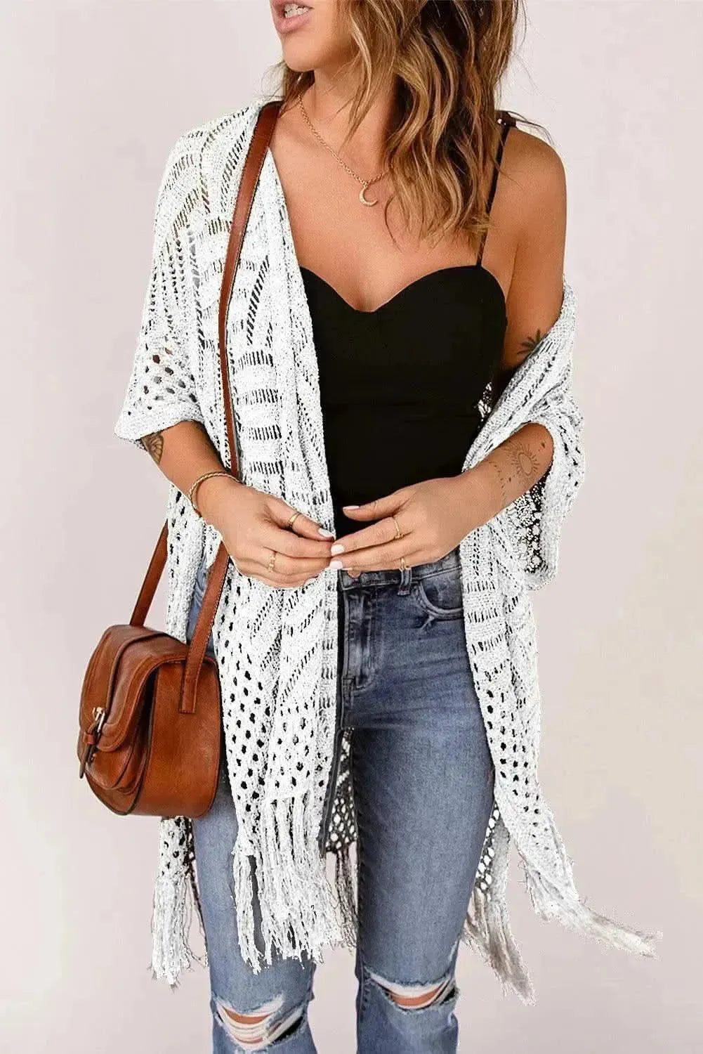 Openwork Open Front Cardigan with Fringes - Bad Moms Club