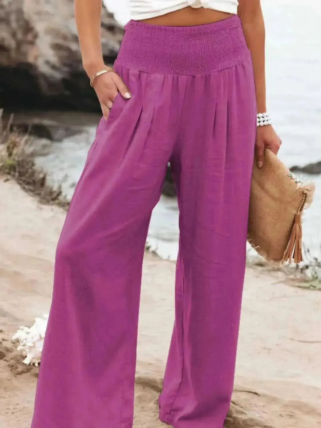Full Size Smocked Waist Wide Leg Pants - Bad Moms Club