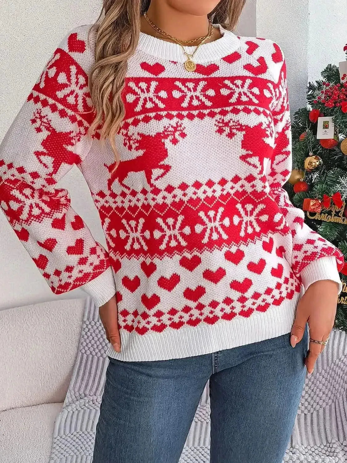 Christmas Element Round Neck Long Sleeve Sweater - Bad Moms Club