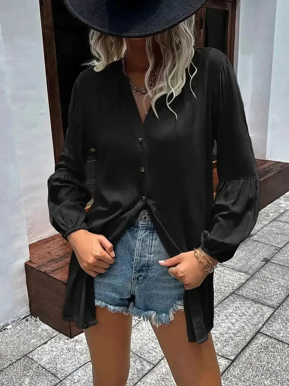 Ivy Lane Notched Neck Balloon Sleeve Shirt - Bad Moms Club