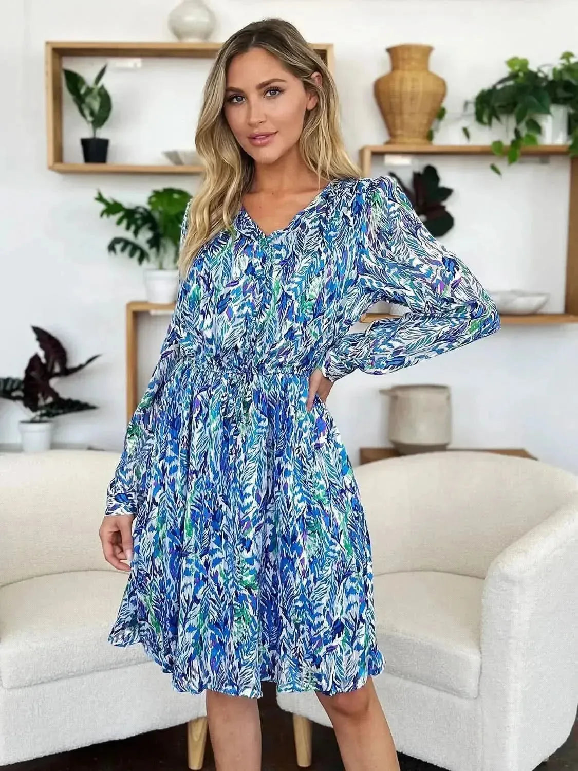 Double Take Full Size Printed Drawstring Waist Long Sleeve Dress - Bad Moms Club