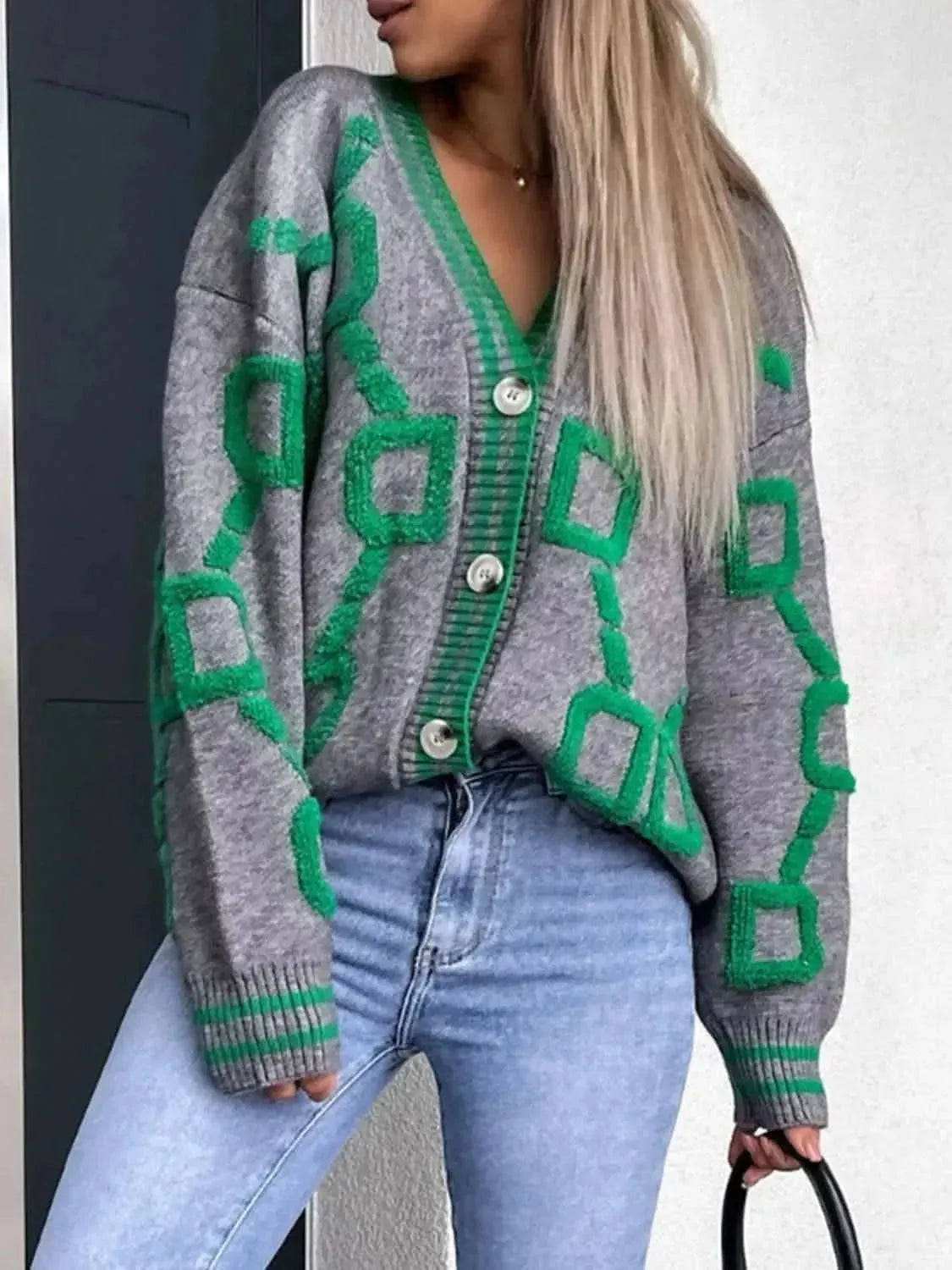 Geometric Dropped Shoulder Button Down Cardigan - Bad Moms Club