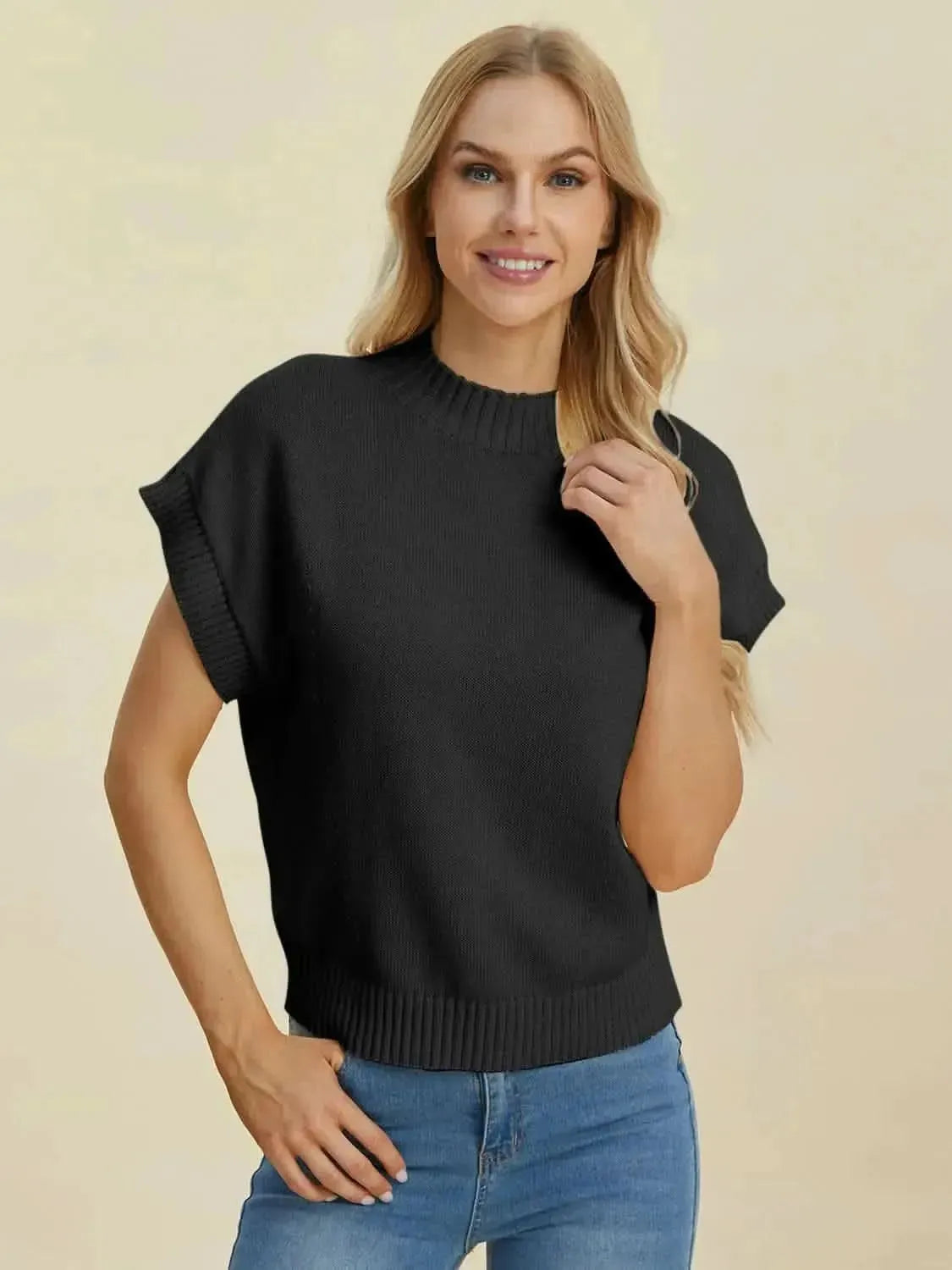 Double Take Full Size Mock Neck Short Sleeve Sweater - Bad Moms Club
