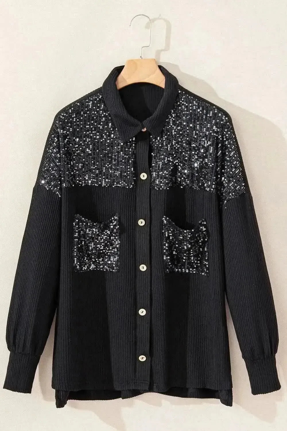 Sequin Button Up Dropped Shoulder Jacket - Bad Moms Club