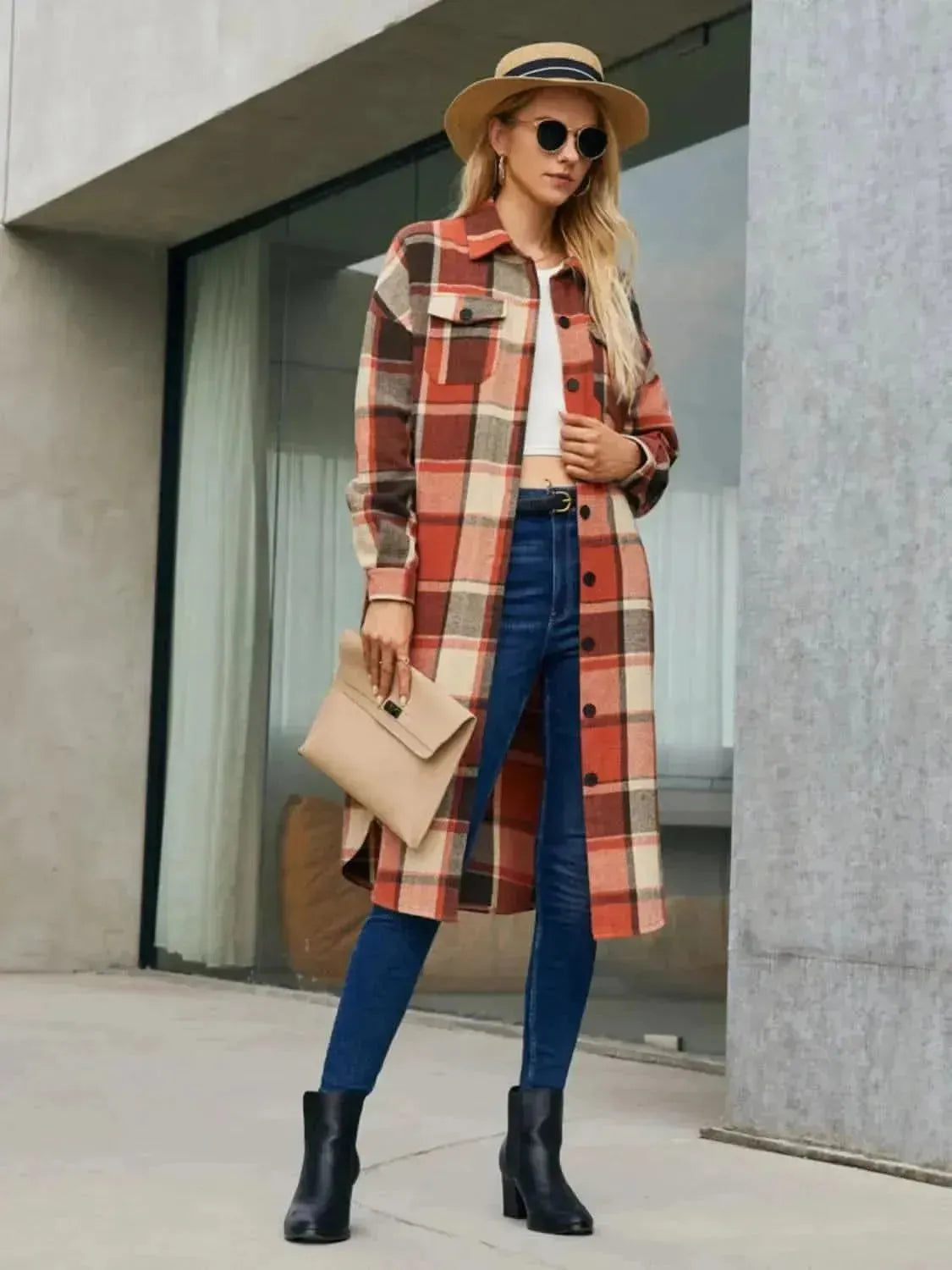 Plaid Pocketed Button Up Trench Coat - Bad Moms Club