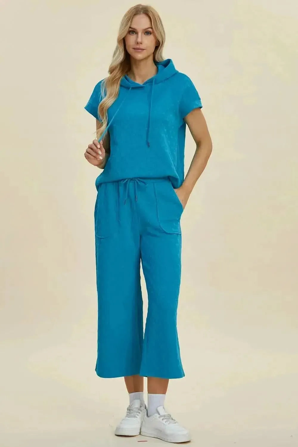 Double Take Full Size Texture Drawstring Short Sleeve Hoodie and Pocketed Pants Set - Bad Moms Club