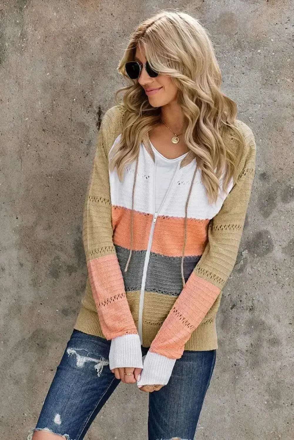 Zip-Up Raglan Sleeve Openwork Hooded Cardigan - Bad Moms Club