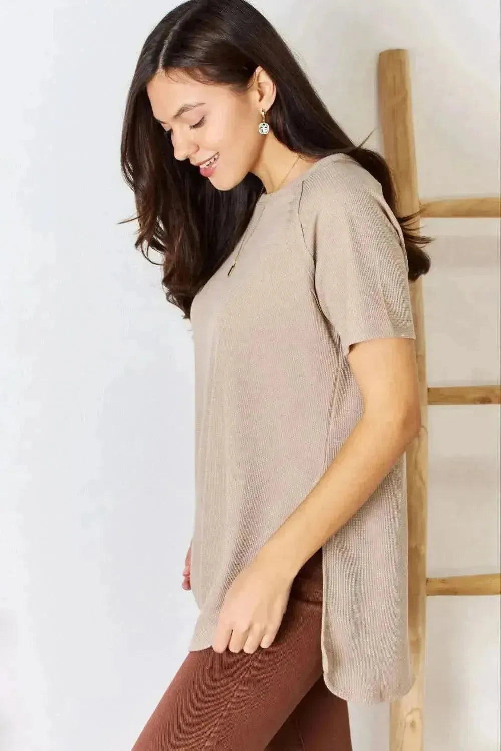 Zenana Baby Waffle Short Sleeve Slit High-Low T-Shirt - Bad Moms Club
