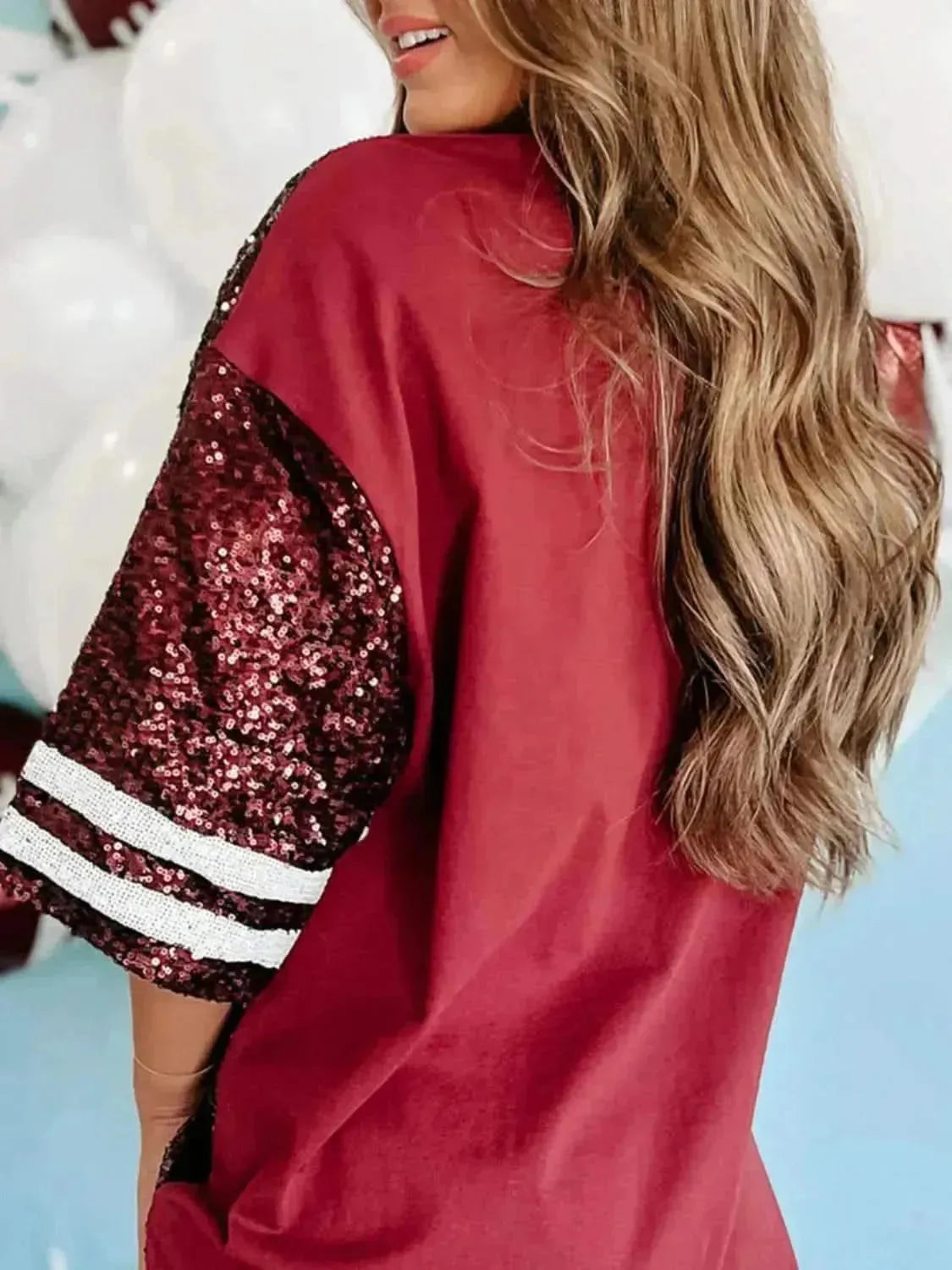 Sequin Football Round Neck Half Sleeve Oversize Top - Bad Moms Club