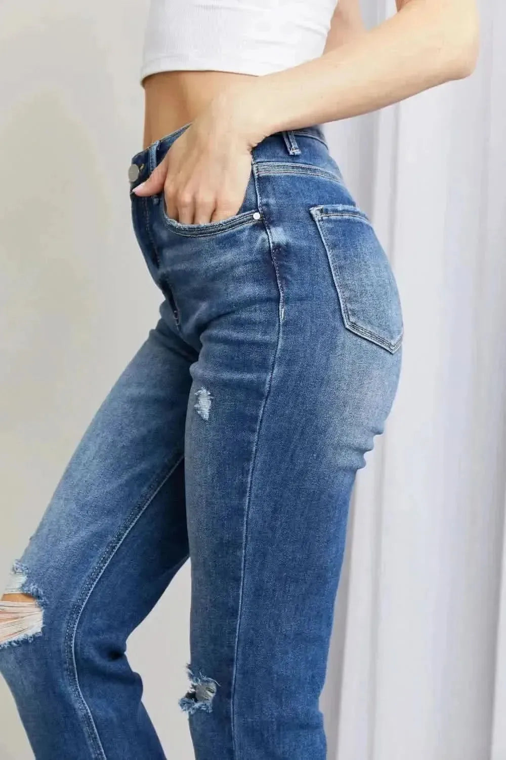 RISEN Frayed Hem Distressed Cropped Jeans - Bad Moms Club