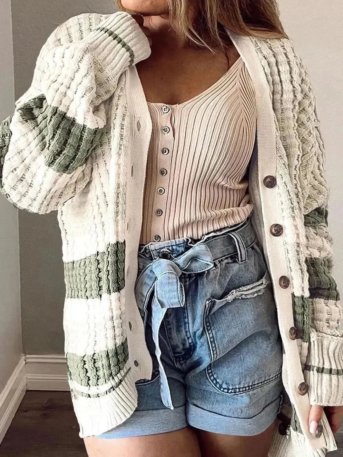 Plus Size Striped Button Up Dropped Shoulder Cardigan - Bad Moms Club