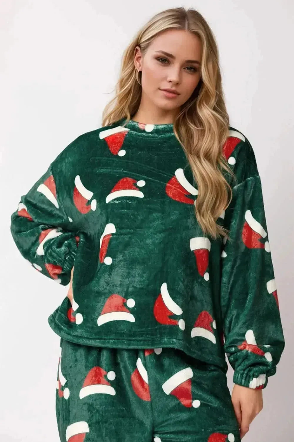 Christmas Hat Pattern Round Neck Long Sleeve Top and Pants Set - Bad Moms Club