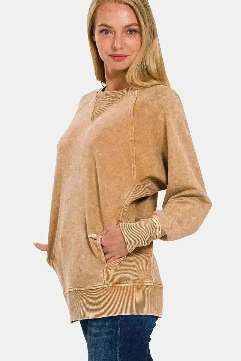 Zenana Pocketed Round Neck Sweatshirt - Bad Moms Club