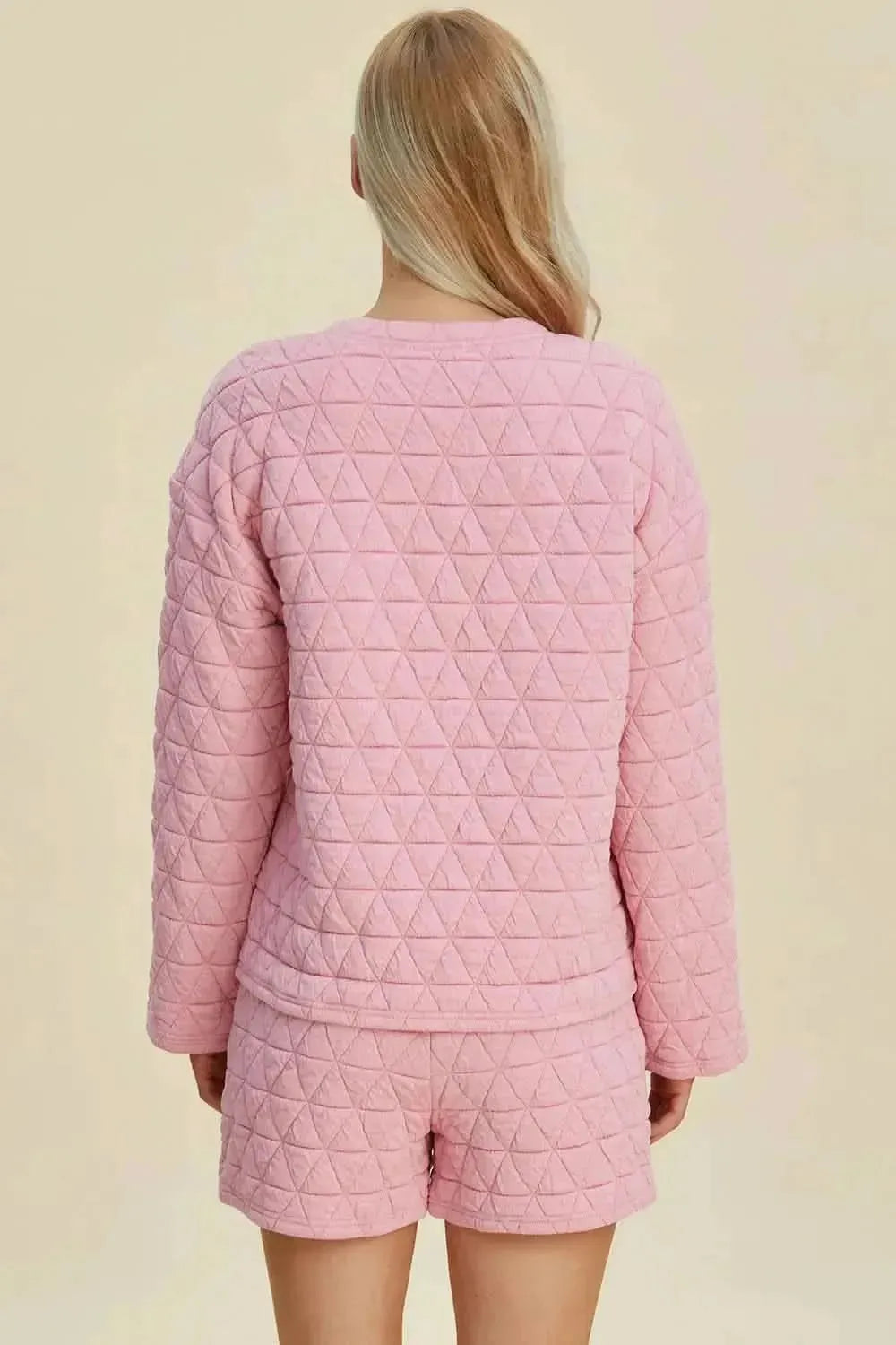 Double Take Full Size Texture Round Neck Long Sleeve Top and Shorts Set - Bad Moms Club