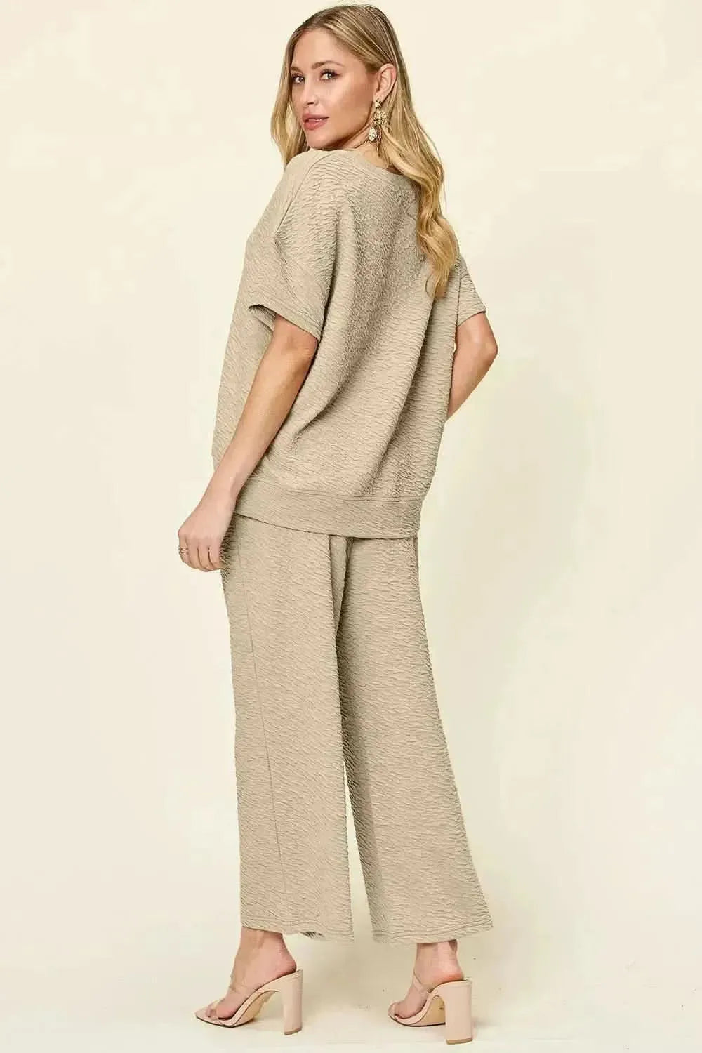 Double Take Full Size Texture Short Sleeve Top and Pants Set - Bad Moms Club