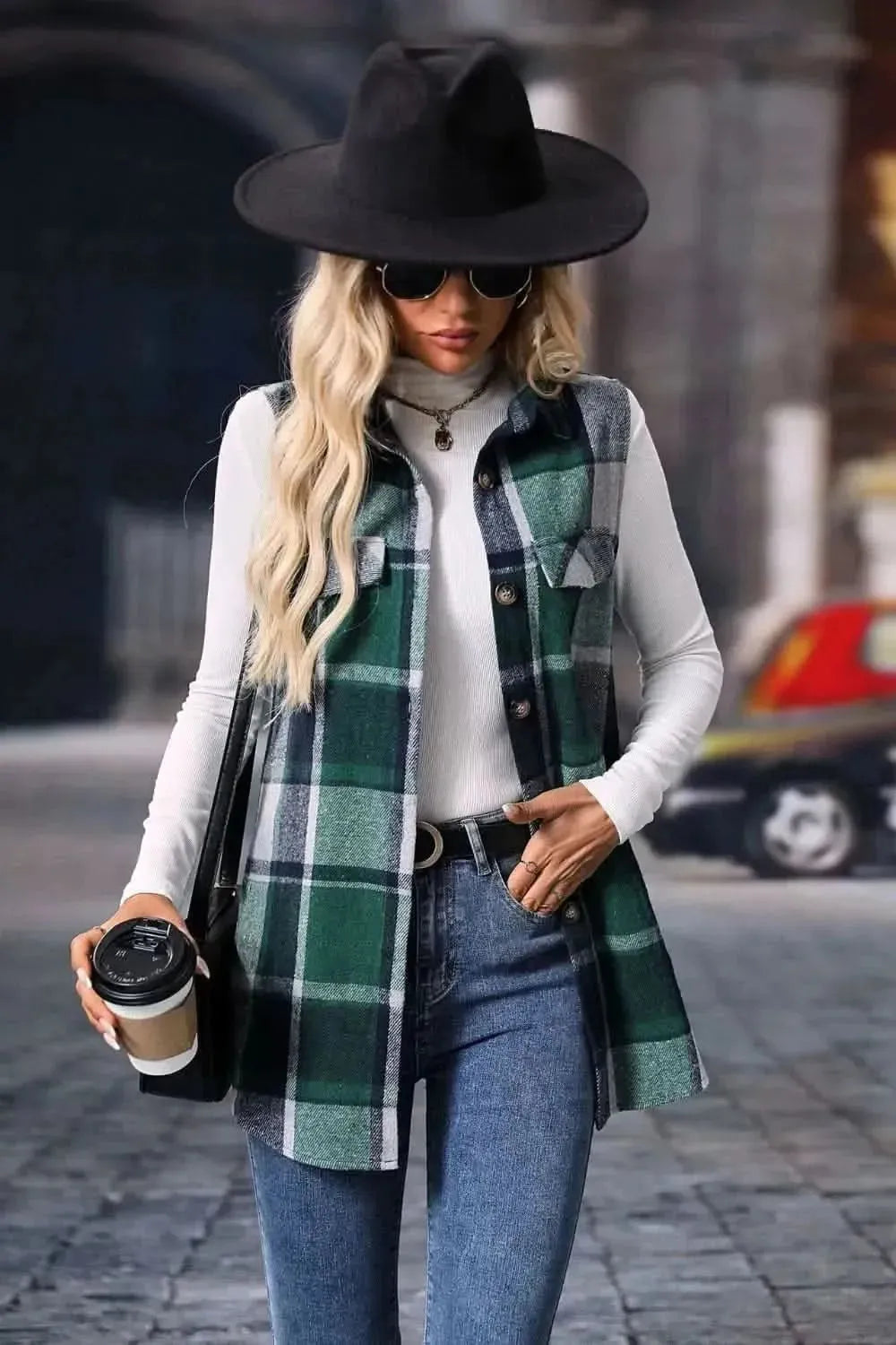Plaid Button Up Vest Coat - Bad Moms Club