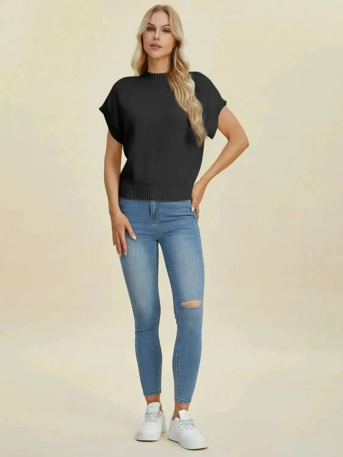 Double Take Full Size Mock Neck Short Sleeve Sweater - Bad Moms Club
