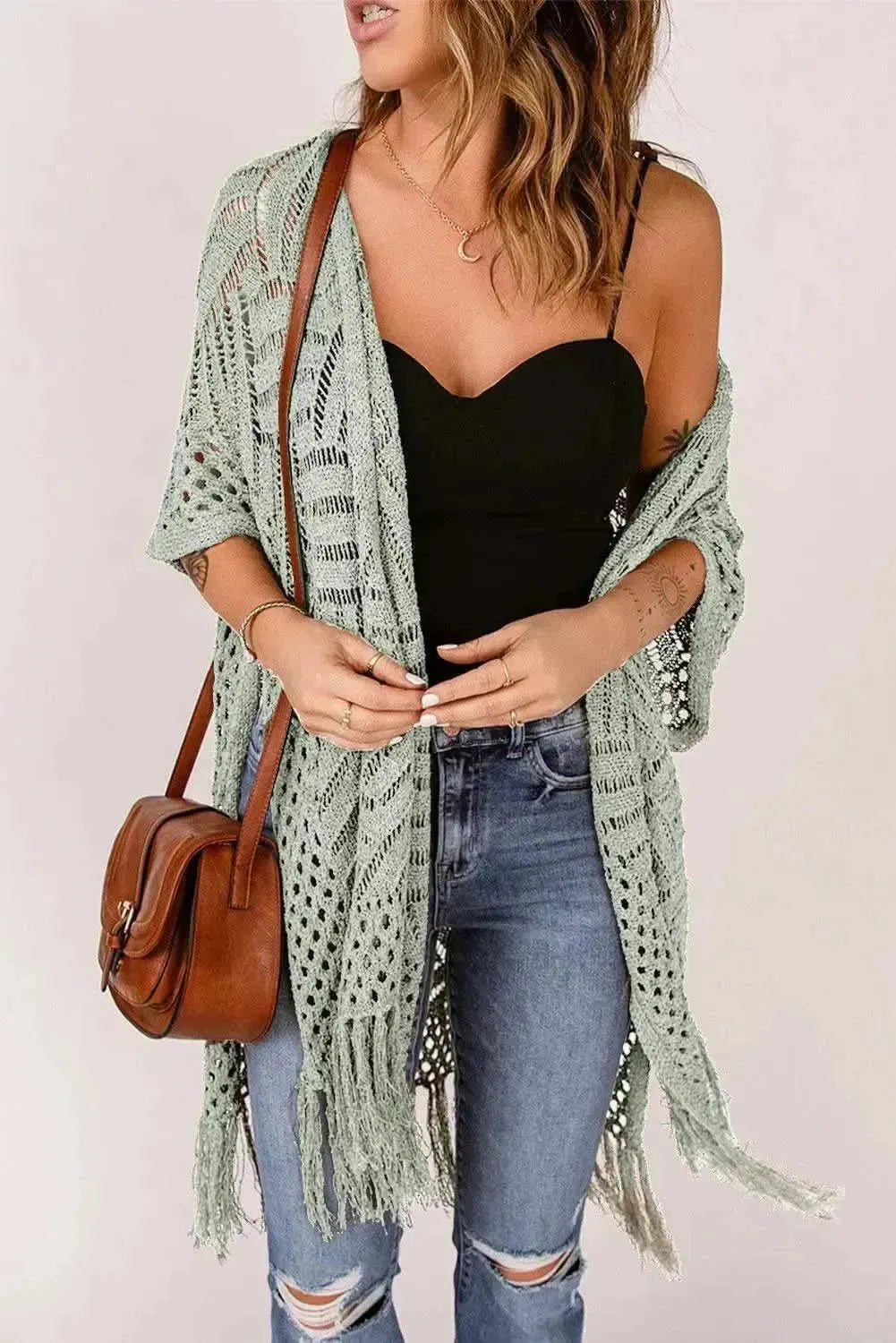 Openwork Open Front Cardigan with Fringes - Bad Moms Club