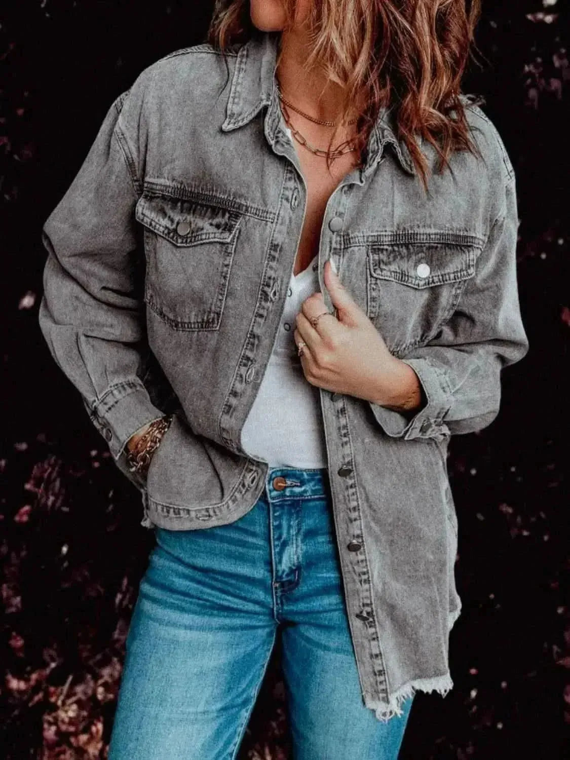 MeiMei Frayed Hem Collared Denim Jacket - Bad Moms Club