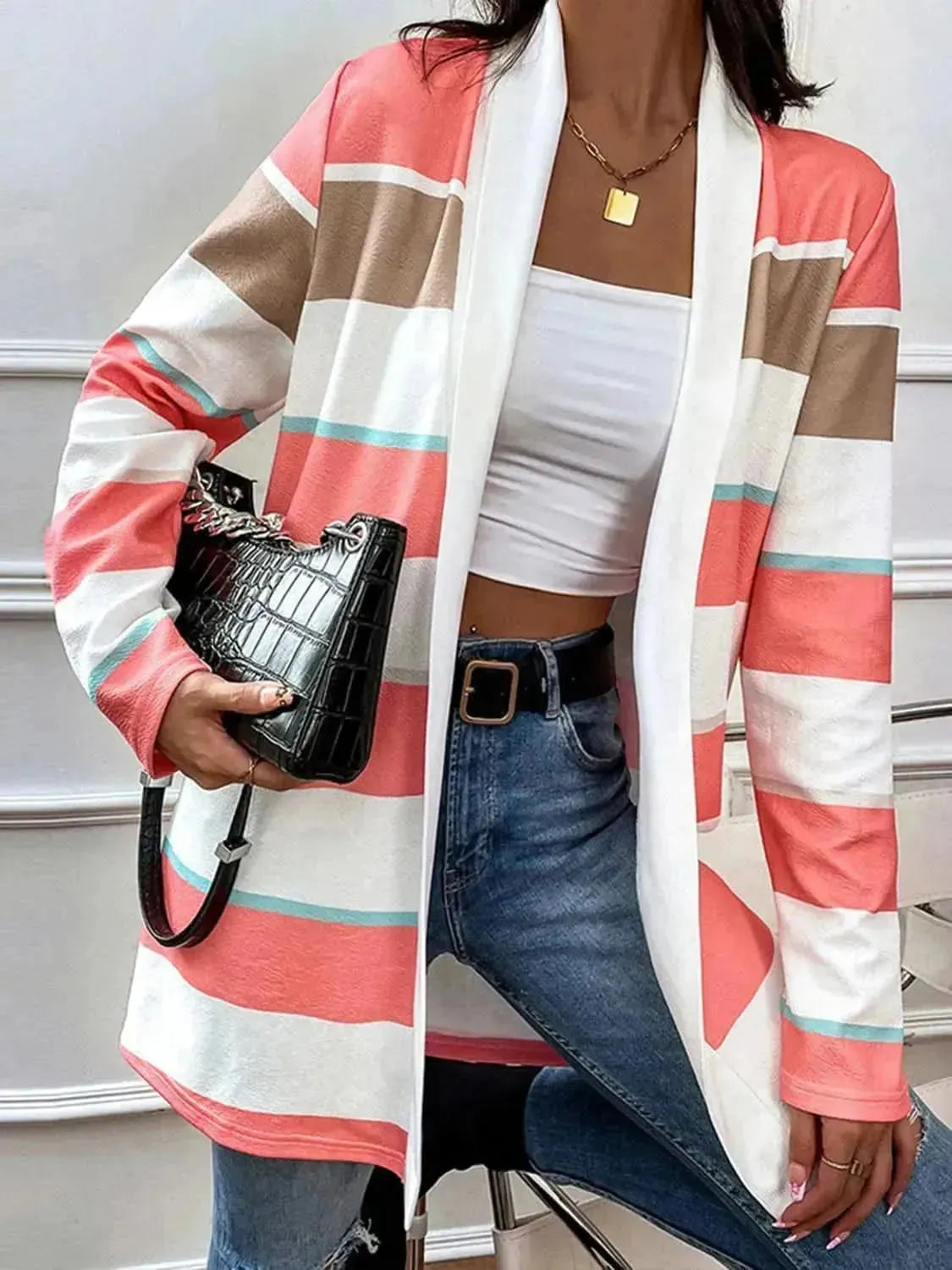 Striped Open Front Longline Cardigan - Bad Moms Club