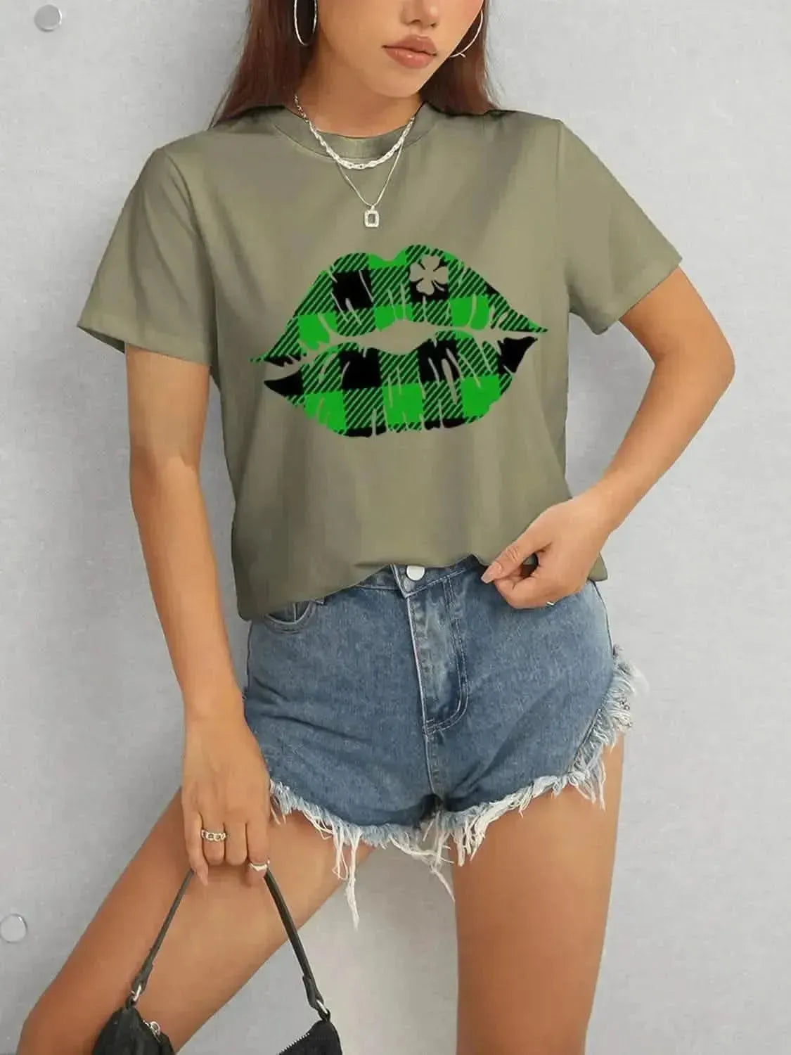 Plaid Lip Graphic Round Neck T-Shirt - Bad Moms Club