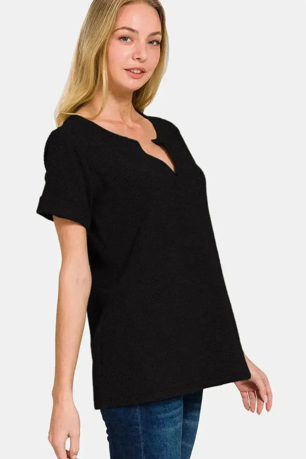 Zenana Notched Short Sleeve Waffle T-Shirt - Bad Moms Club