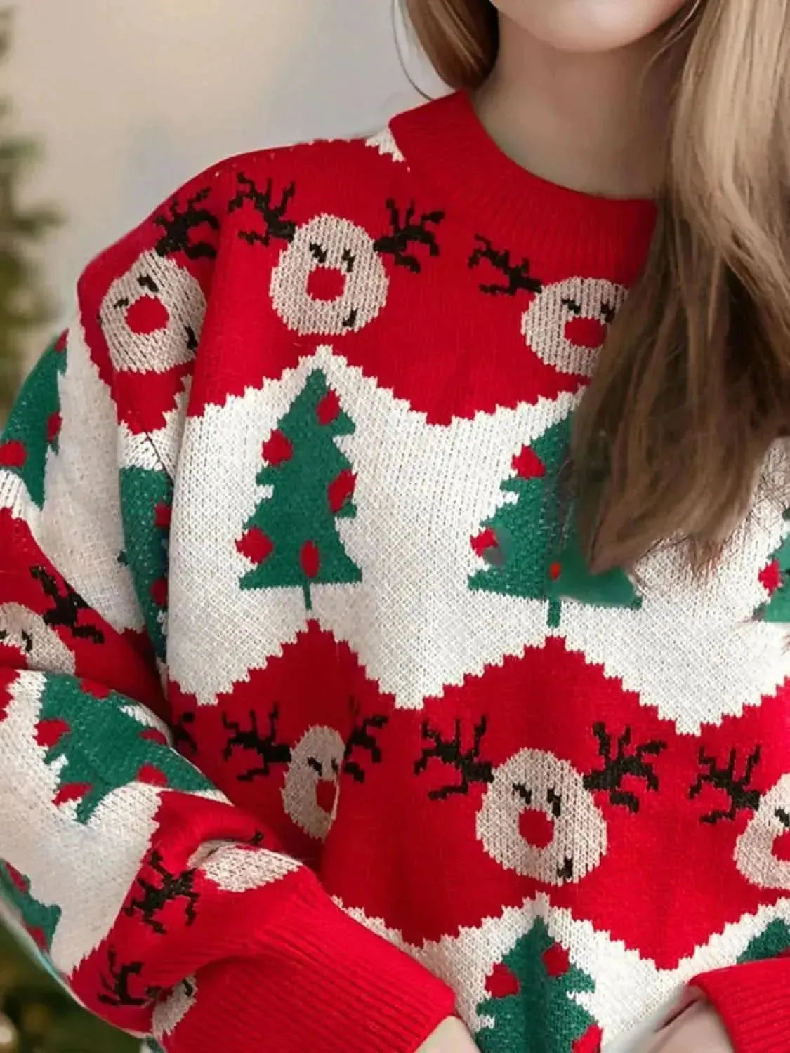 Christmas Element Round Neck Long Sleeve Sweater - Bad Moms Club