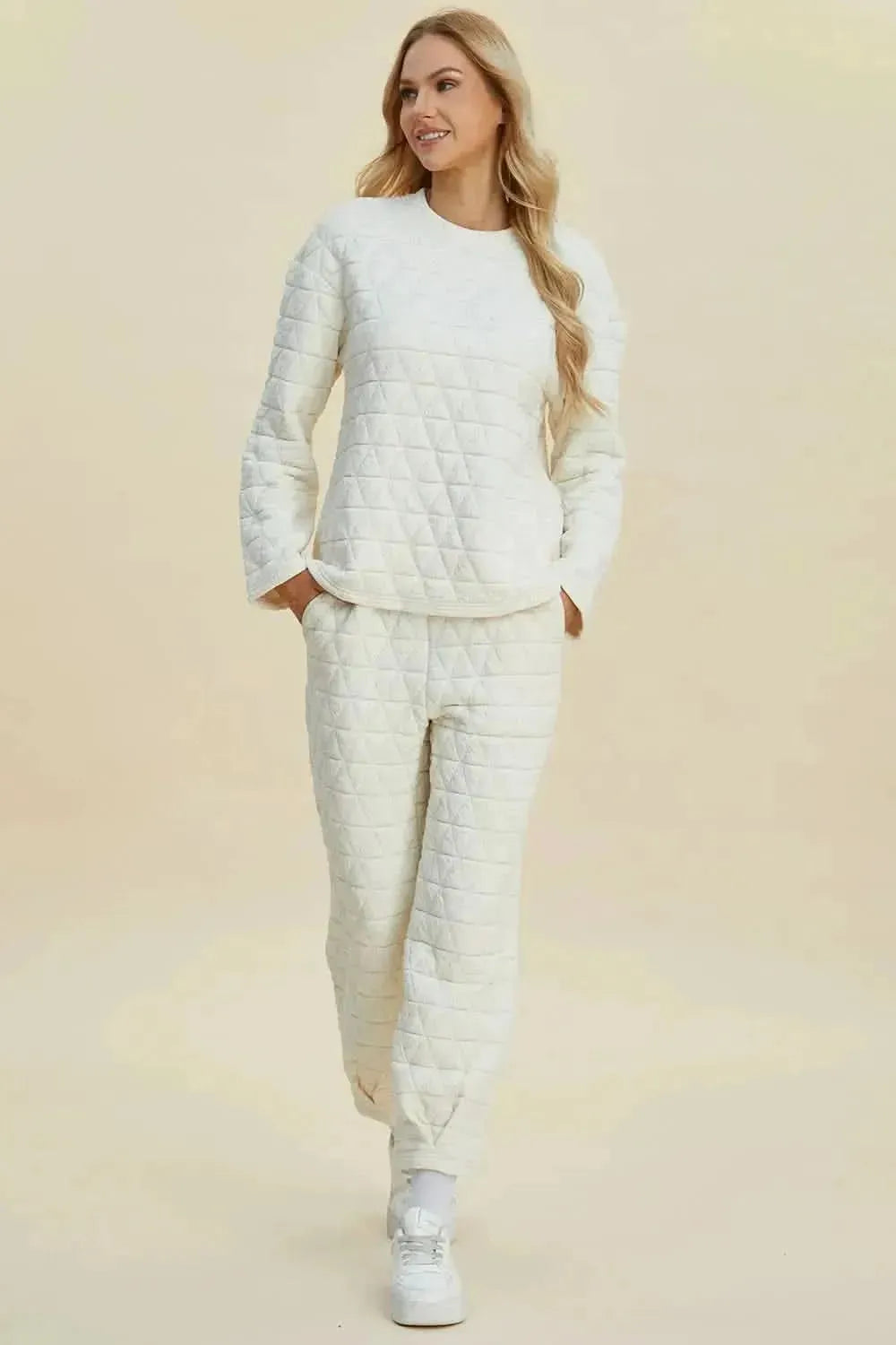 Double Take Full Size Texture Round Neck Long Sleeve Top and Pants Set - Bad Moms Club