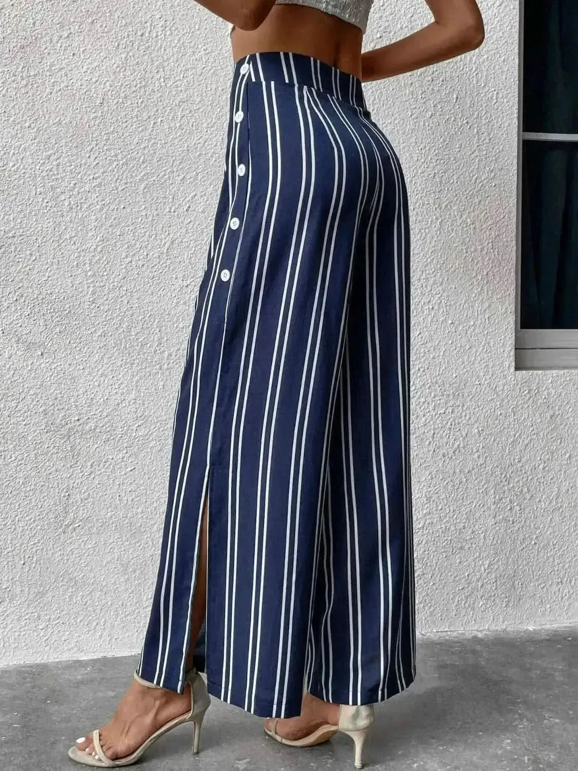 Perfee Striped Slit Wide Leg Pants - Bad Moms Club
