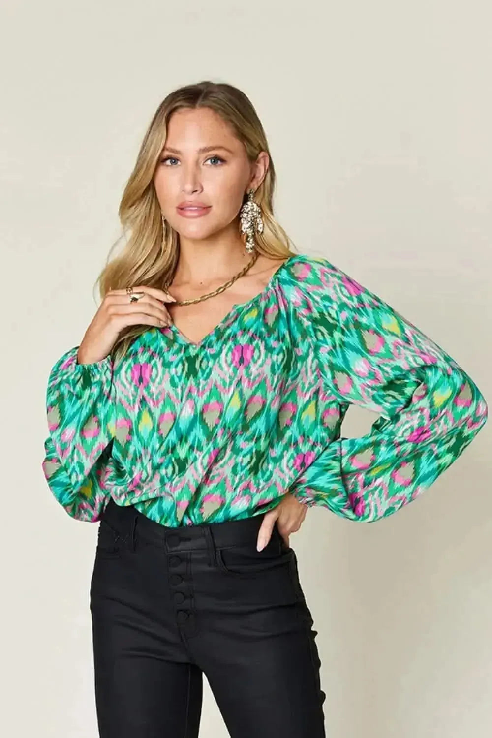 Double Take Full Size Printed Balloon Sleeve Blouse - Bad Moms Club