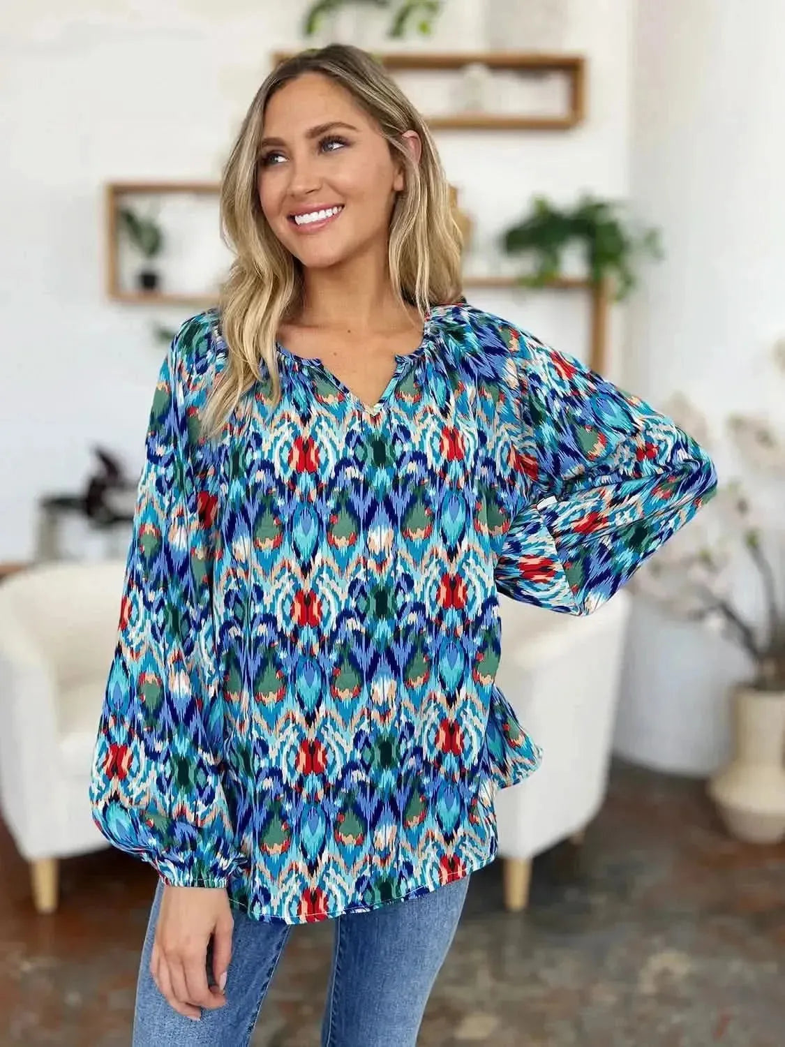 Double Take Full Size Printed Balloon Sleeve Blouse - Bad Moms Club