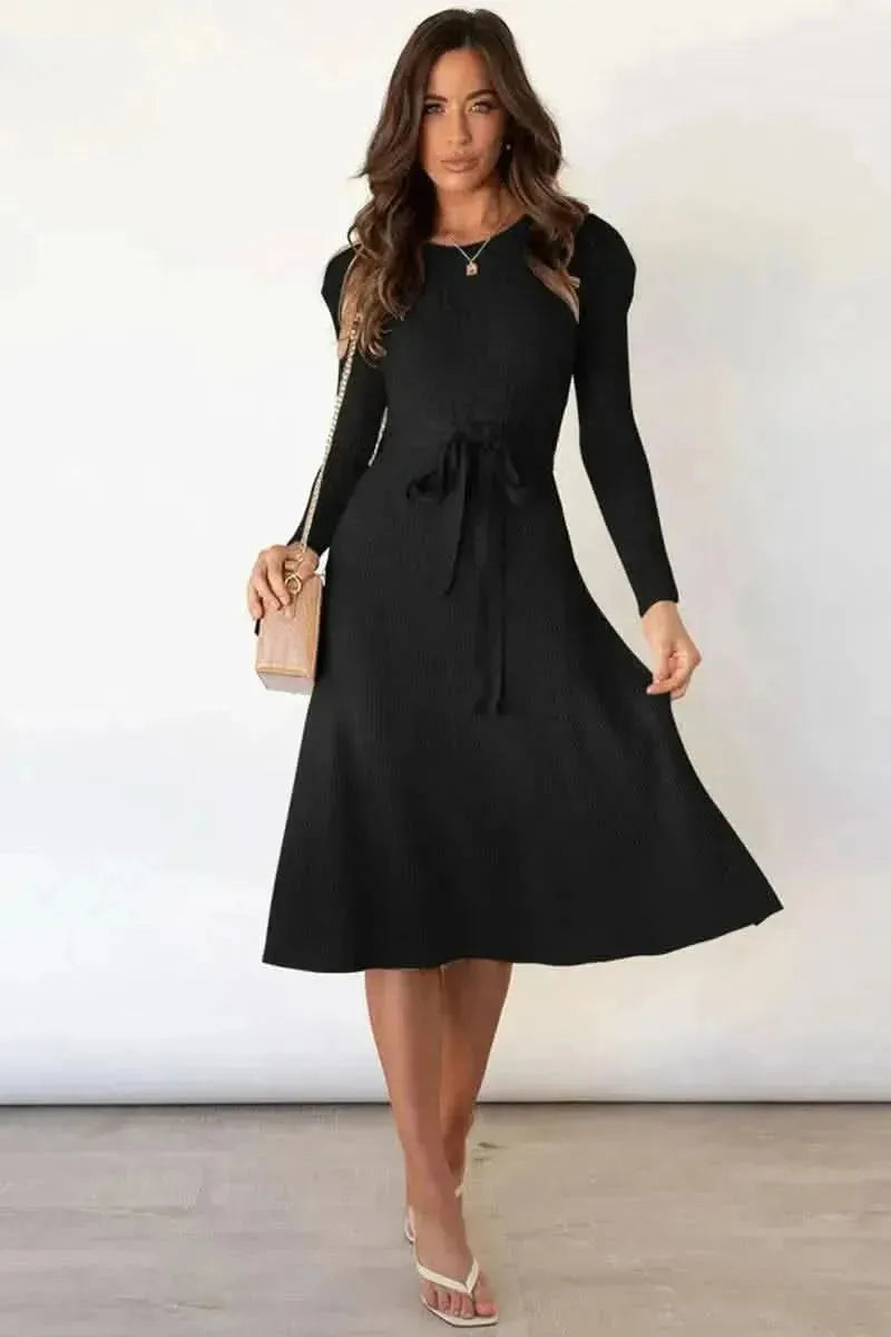 Round Neck Long Sleeve Tie Waist Sweater Dress - Bad Moms Club
