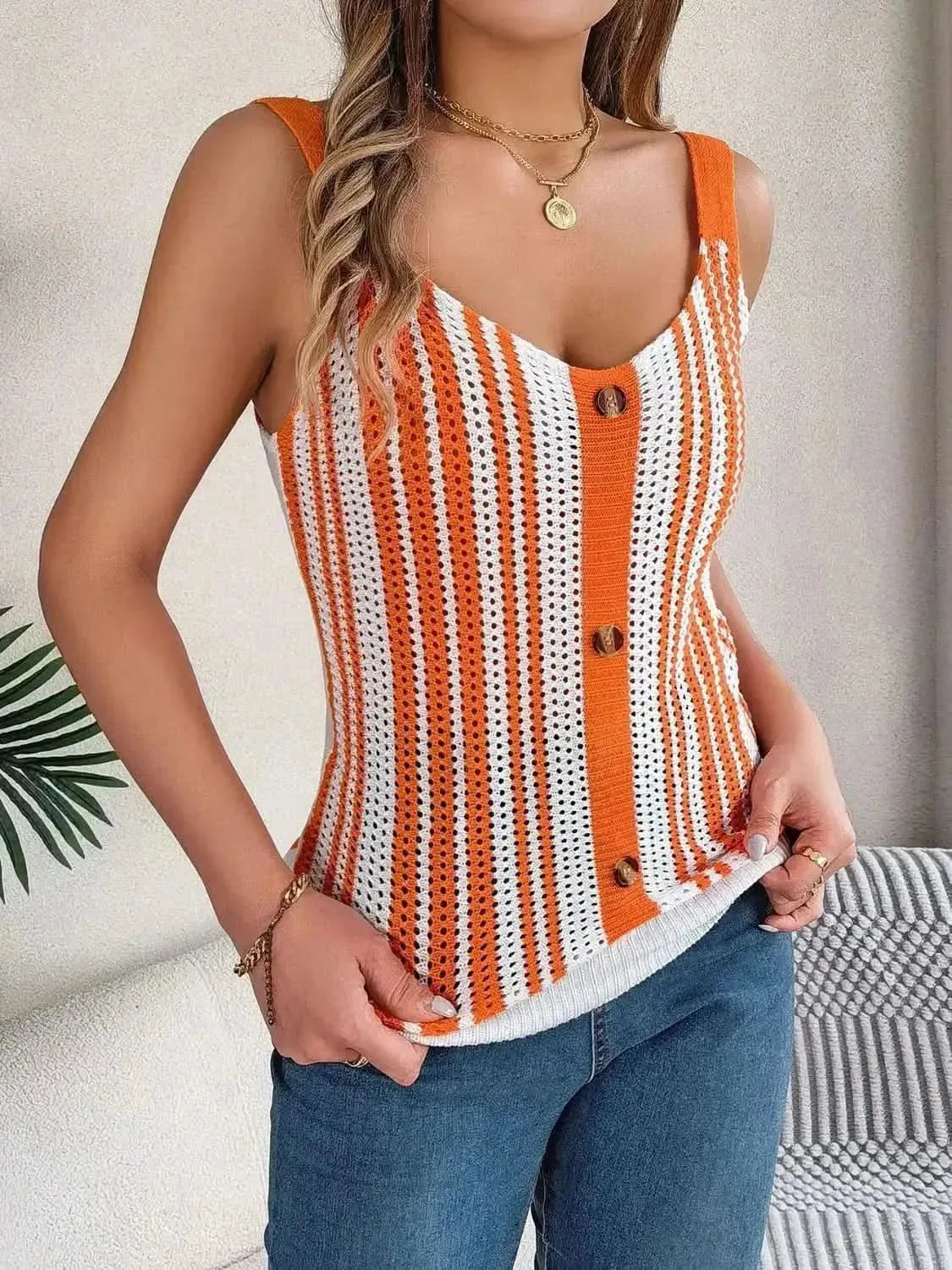 Openwork Striped V-Neck Tank - Bad Moms Club