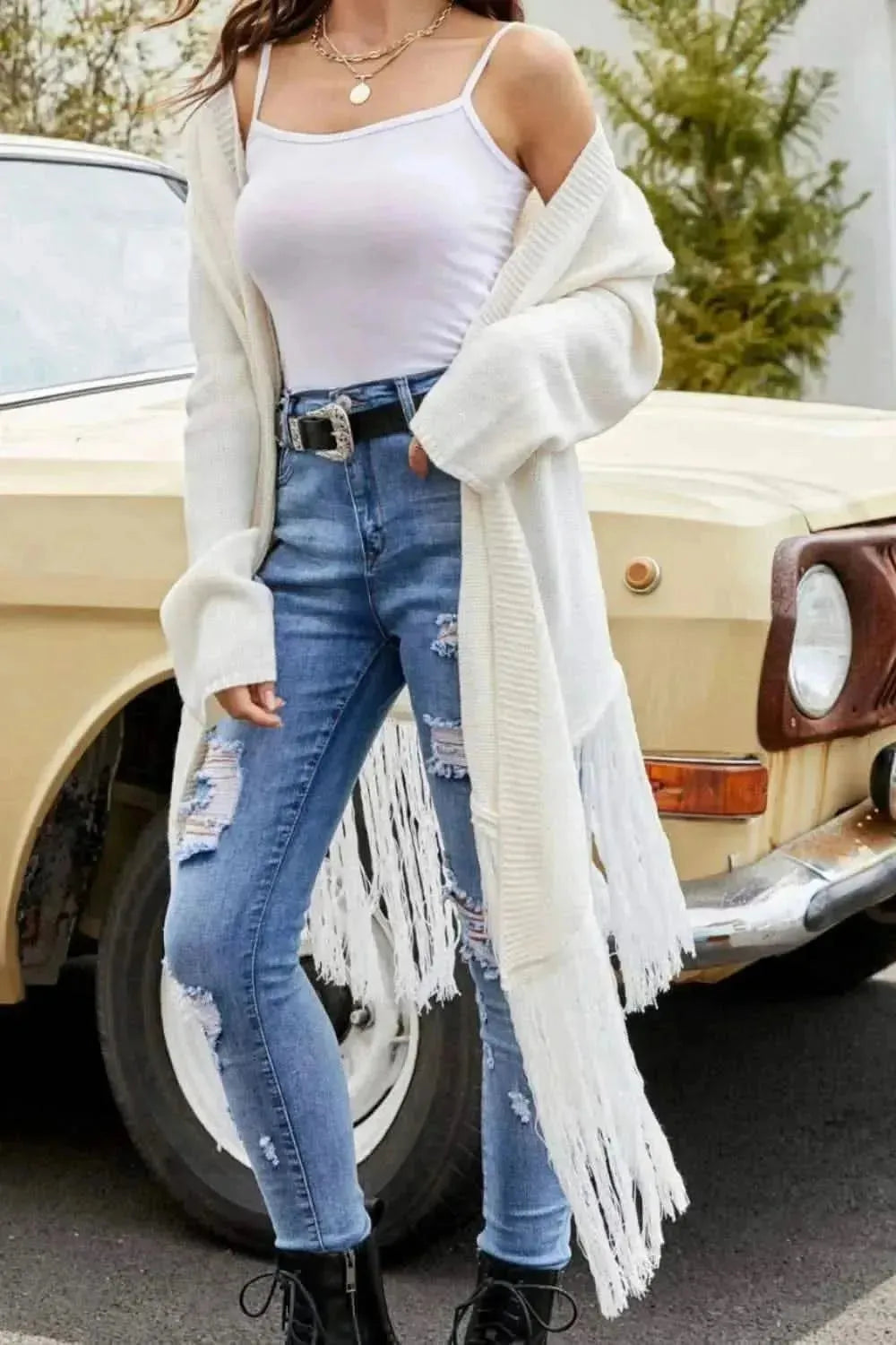 Fringe Hem Open Front Ribbed Trim Cardigan - Bad Moms Club