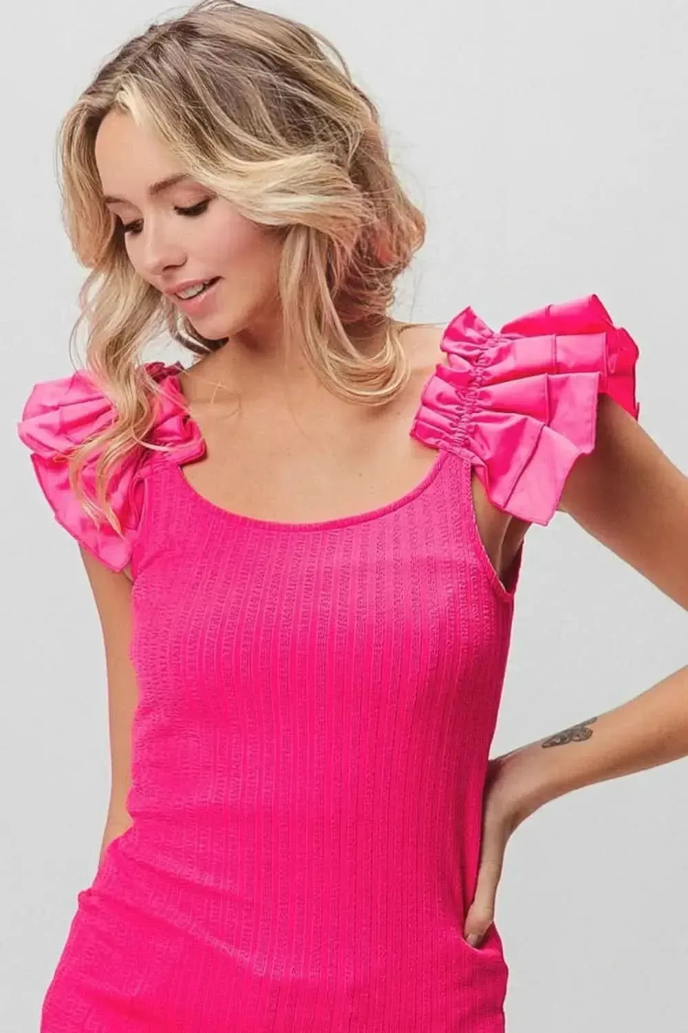 BiBi Ruffled Shoulder Strap Rib Texture Top - Bad Moms Club