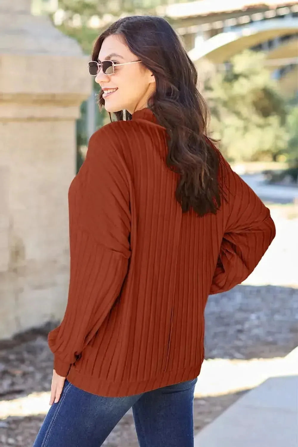 Basic Bae Full Size Ribbed Exposed Seam Mock Neck Knit Top - Bad Moms Club
