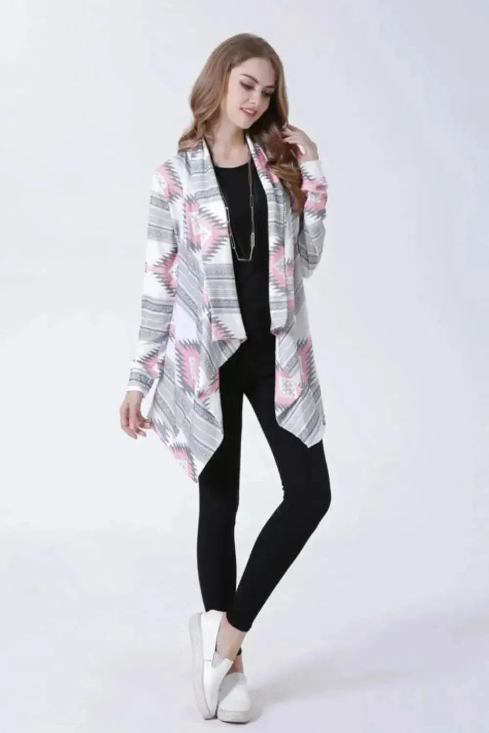 Geometric Open Front Handkerchief Hem Cardigan - Bad Moms Club