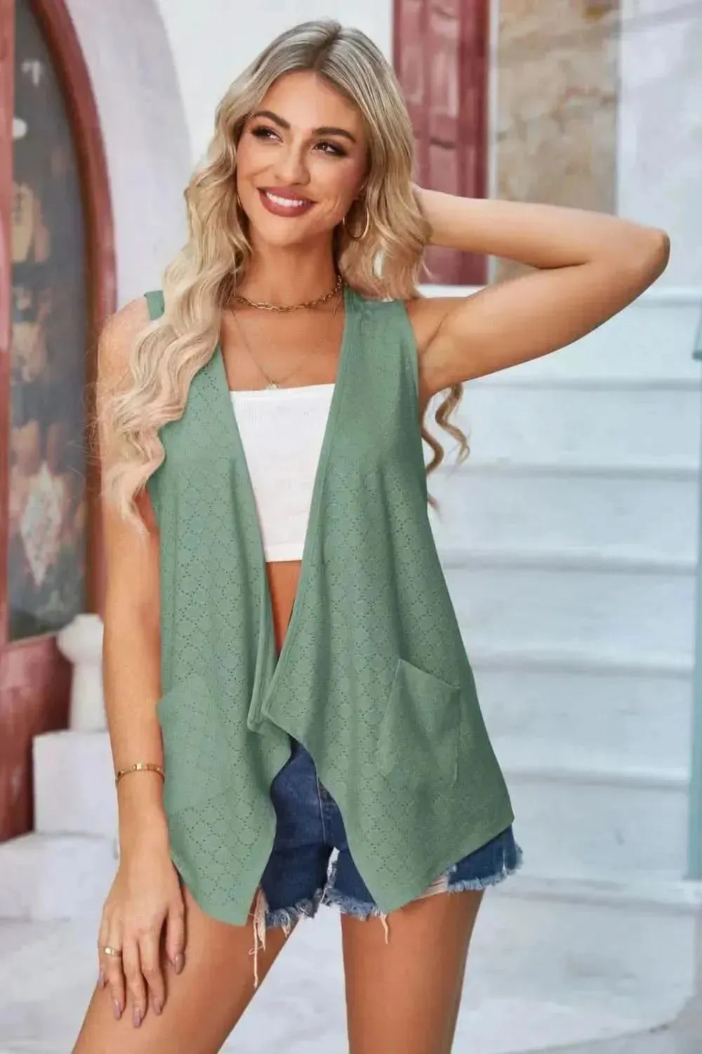 Eyelet Open Front Sleeveless Cardigan - Bad Moms Club