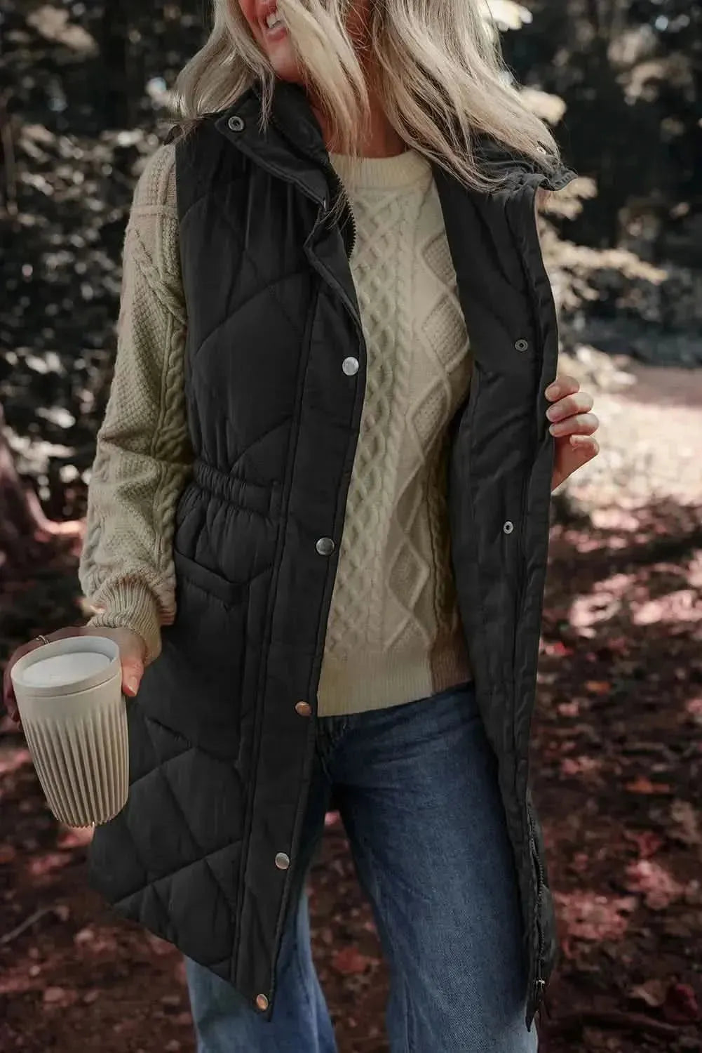 Pocketed Zipper and Button Vest Coat - Bad Moms Club