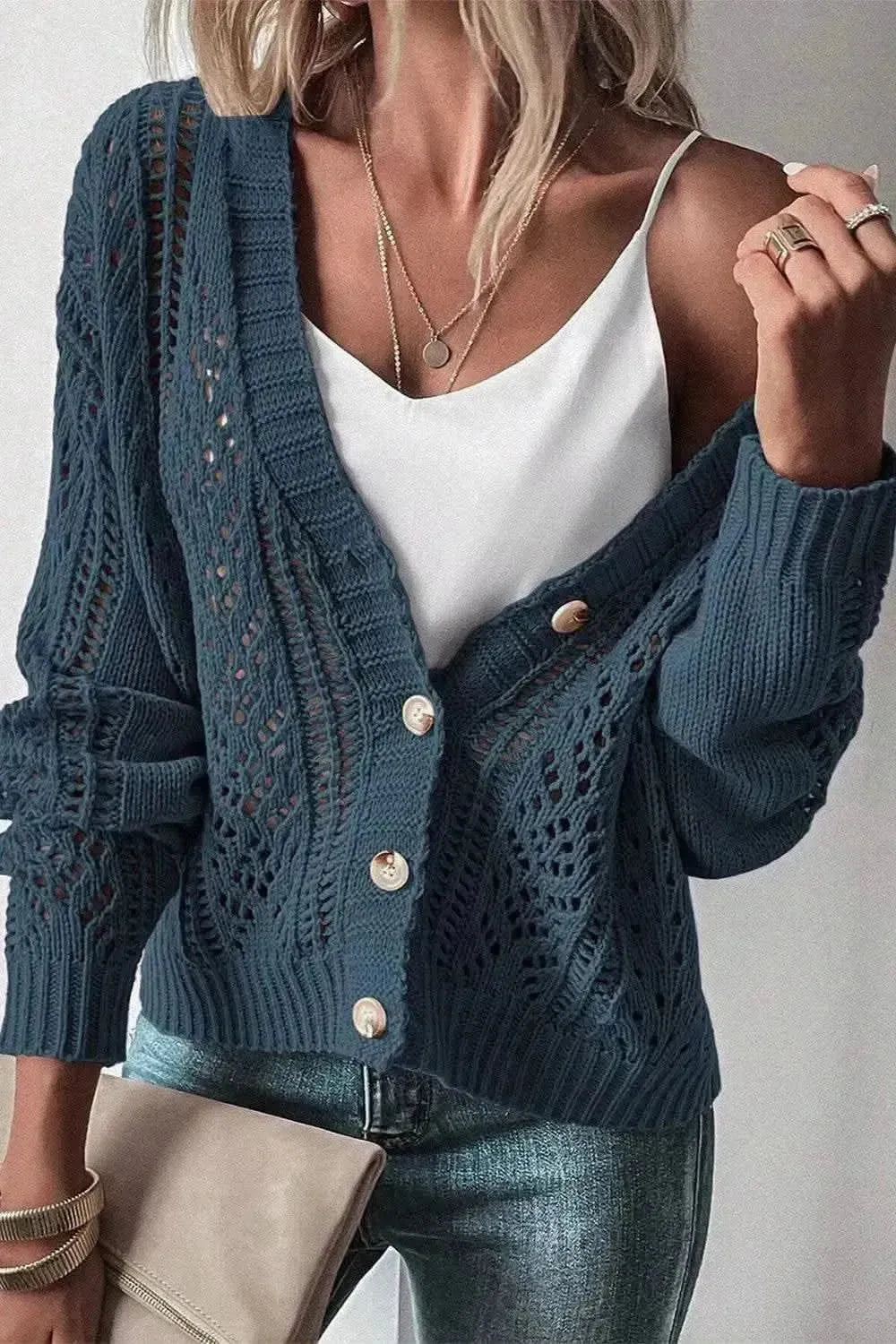 Openwork Button Up Long Sleeve Cardigan - Bad Moms Club