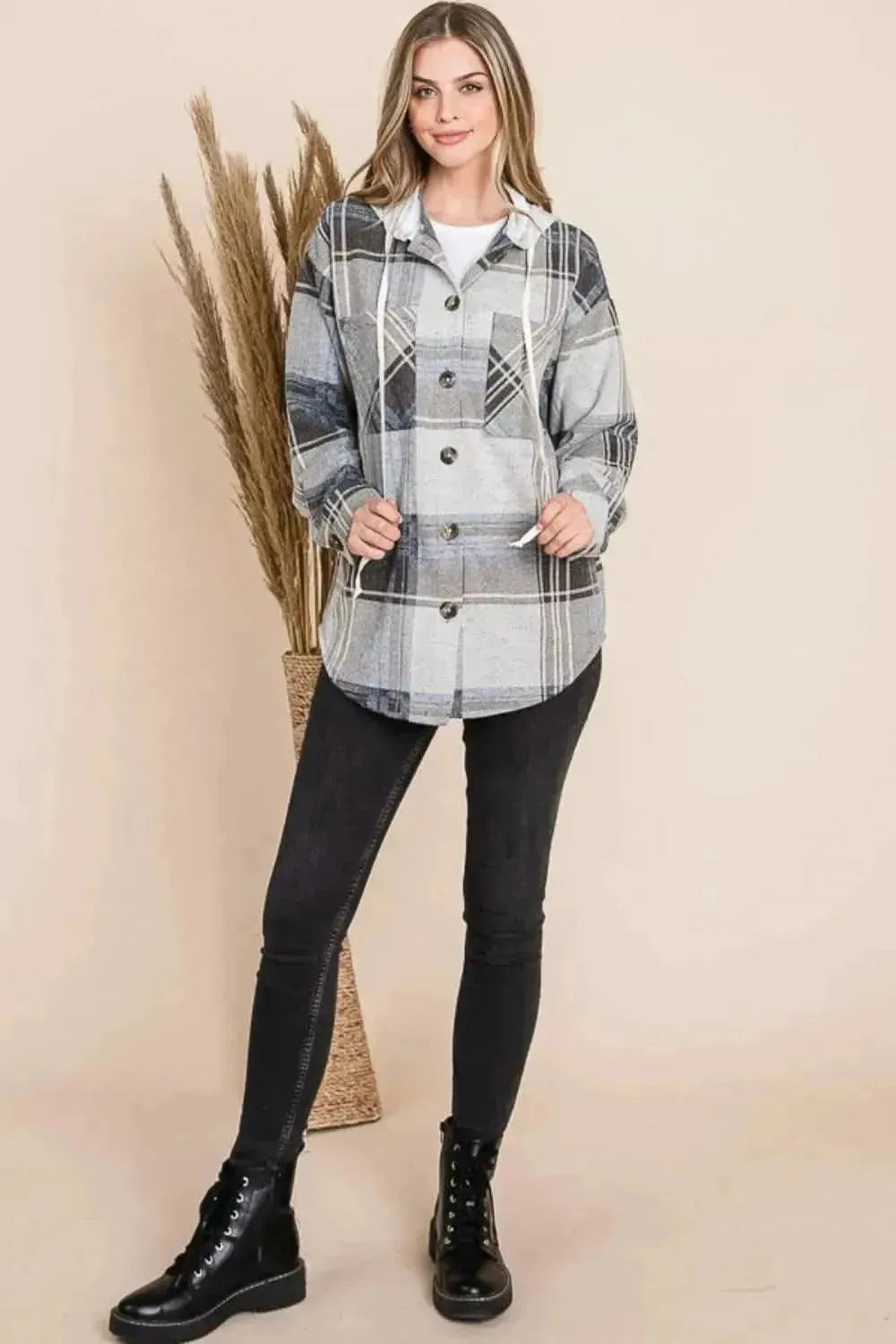 Reborn J Plaid Button Up Drawstring Hooded Jacket - Bad Moms Club