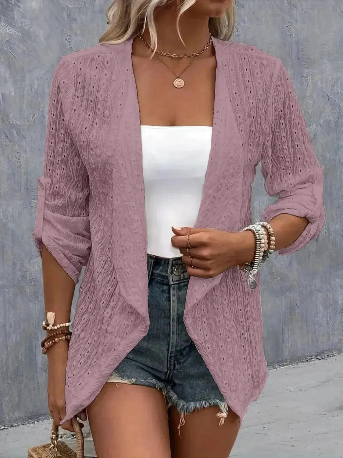 Eyelet Roll-Tab Sleeve Cardigan - Bad Moms Club