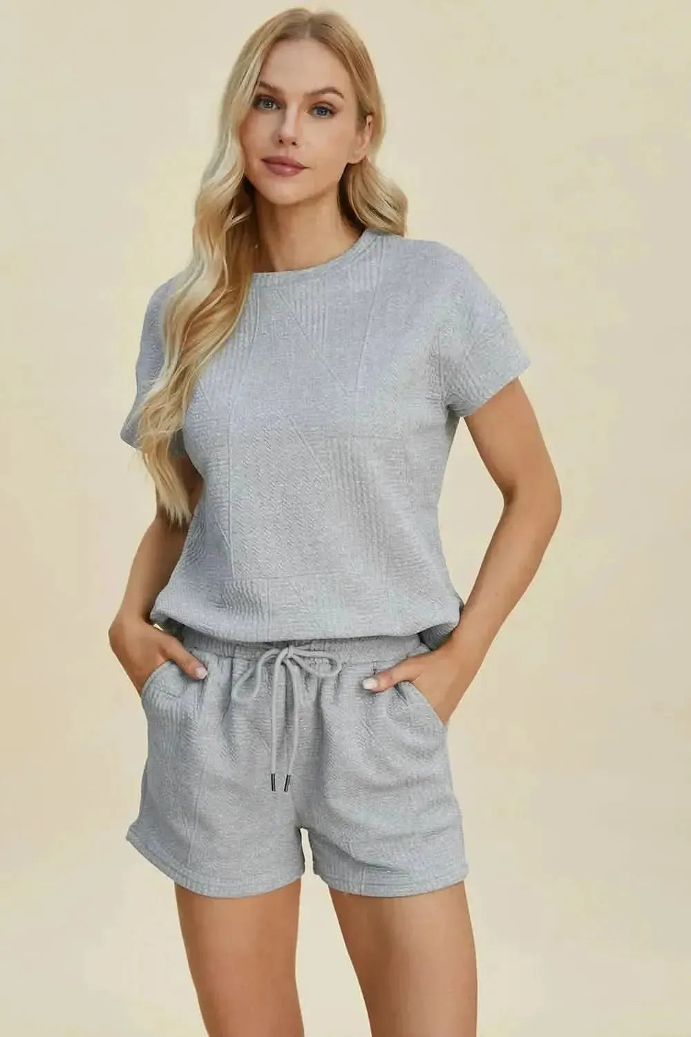 Double Take Full Size Texture Short Sleeve Top and Shorts Set - Bad Moms Club