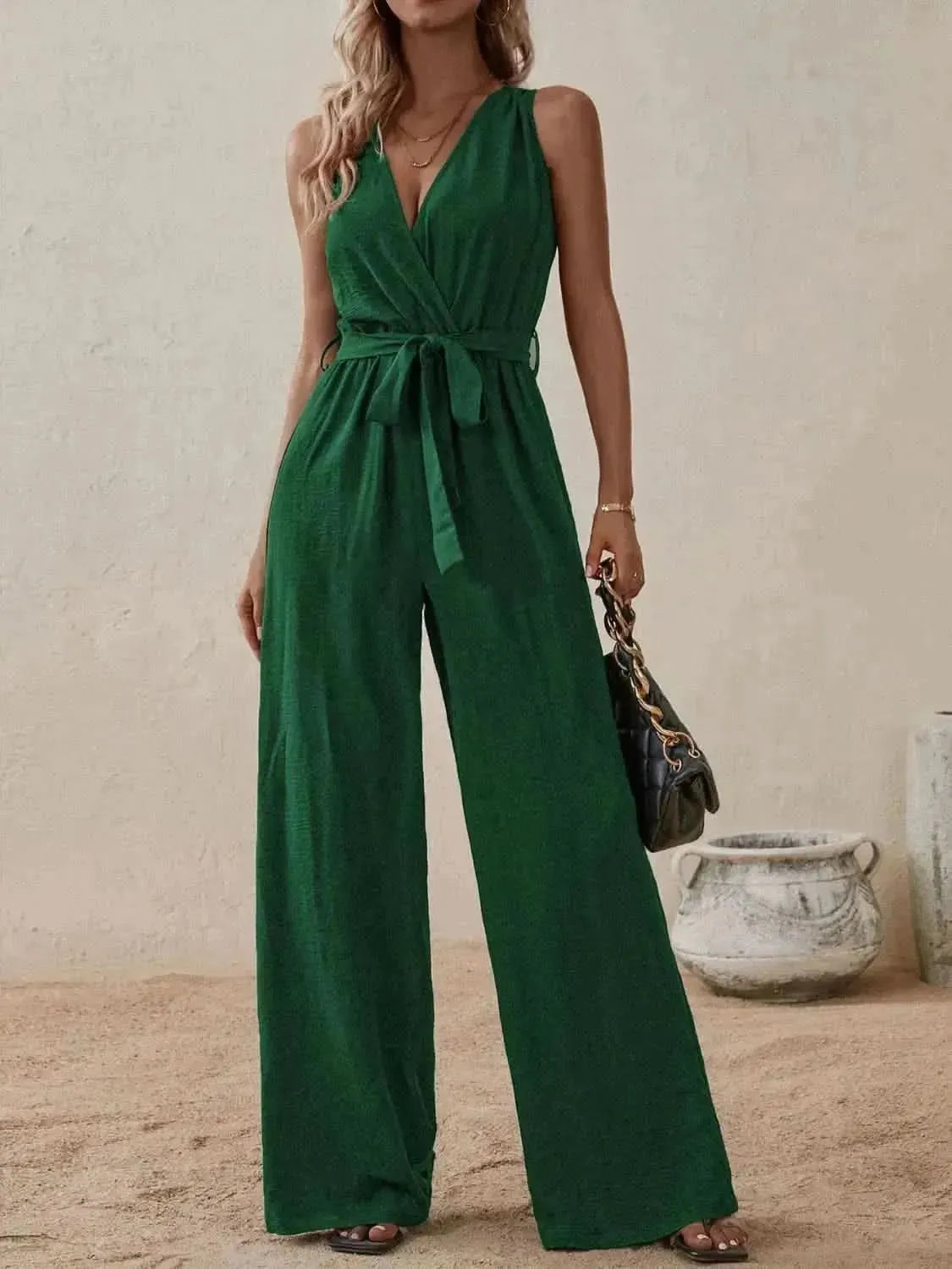 Honey Tied Surplice Sleeveless Wide Leg Jumpsuit - Bad Moms Club